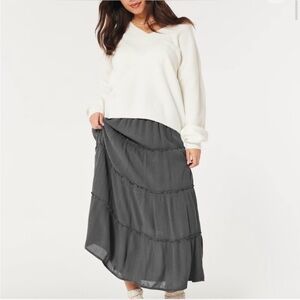 Hollister Crinkle Gray Tiered Maxi Skirt Cottage Witchy - Sz XS